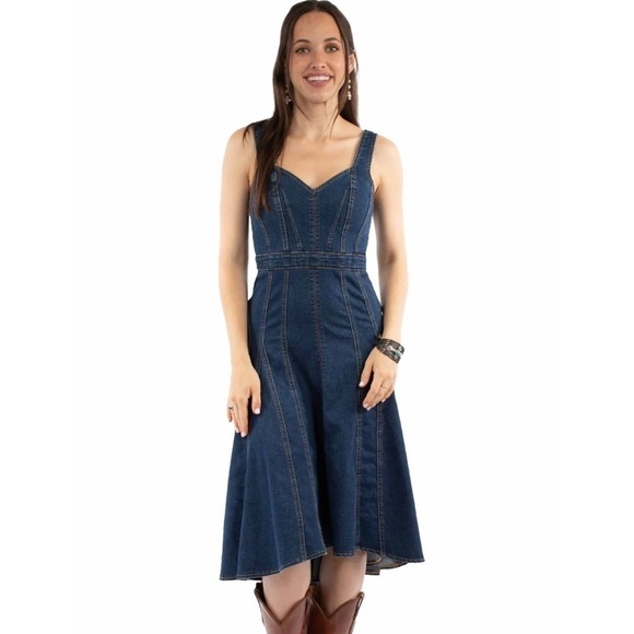 Tractr Dresses & Skirts - Tractr Denim Farm Western Boho Pleated Tank Zip Back Midi Dress Medium